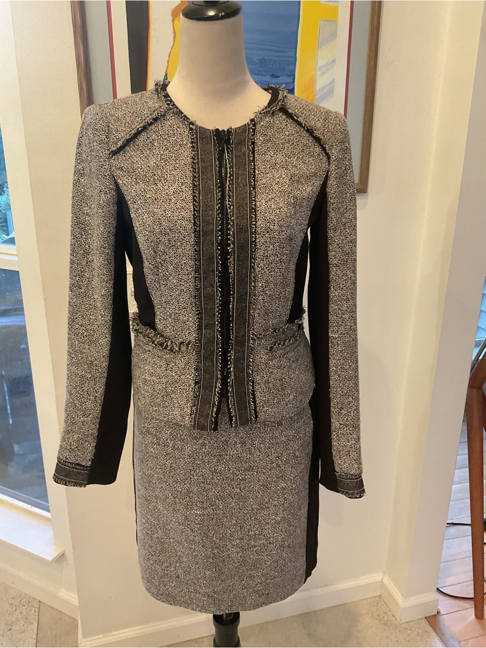 White House Black Market Black and Gray Tweed Fringe Pencil Skirt Set